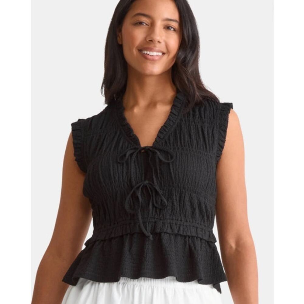 Time and Tru‎ Women's Textured Tie Front Top, Size XXL Black NEW